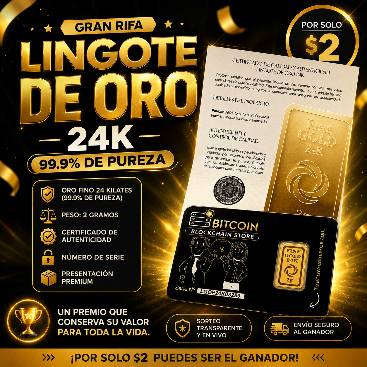 🥇 LINGOTE DE ORO 24K • 2 GRAMOS • PUREZA 99.9%